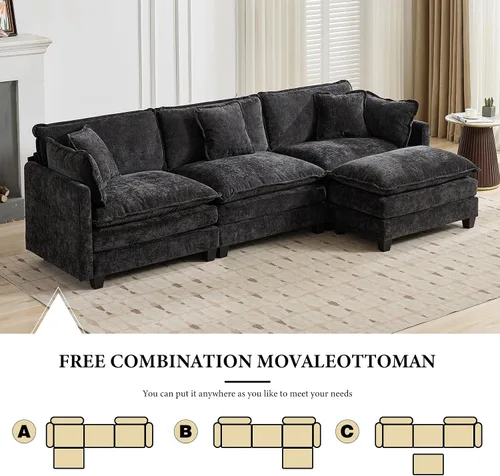 Miniatura 9 de Sofá modular negro de 111.5 pulgadas, sofás seccionales grandes de 3 plazas para sala de estar, sofá nube de tela de felpilla de gran