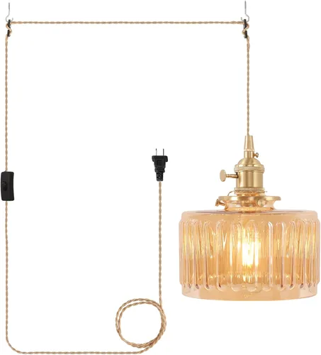 Miniatura 10 de Shenmoyl Lámpara colgante con pantalla de vidrio transparente a rayas, luz colgante vintage de latón, luz colgante ajustable para cocina, isla