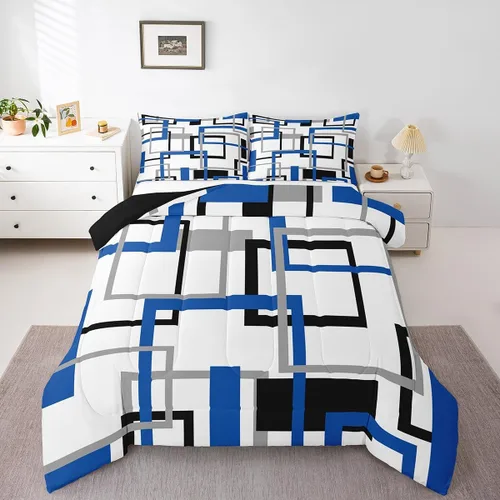 Miniatura 17 de Erosebridal Edredón Cuadrado para Niños y Niñas, Juego de Ropa de Cama Negro y Gris Blanco Azul Marino, Juego de Edredón Geométrico Completo