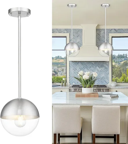 LMS LMS-186BNC - Moderna lámpara colgante de 1 luz, lámpara colgante de isla de cocina de níquel cepillado con vidrio de globo transparente, varilla