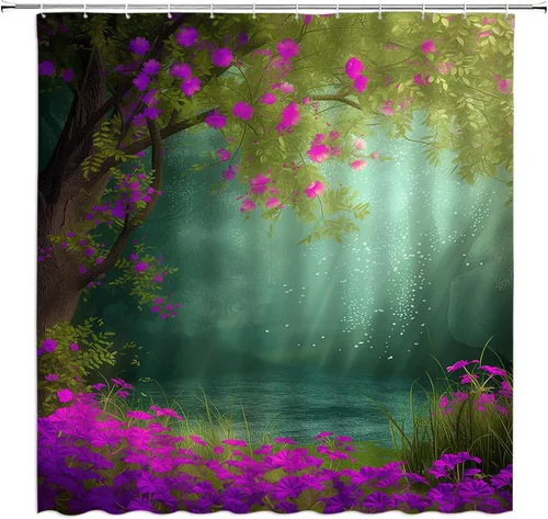 Miniatura 6 de Cortina de ducha de abedul, árbol, bosque, abstracto, tronco, paisaje, naturaleza, ramas de temporada, juego de decoración de baño con ganchos