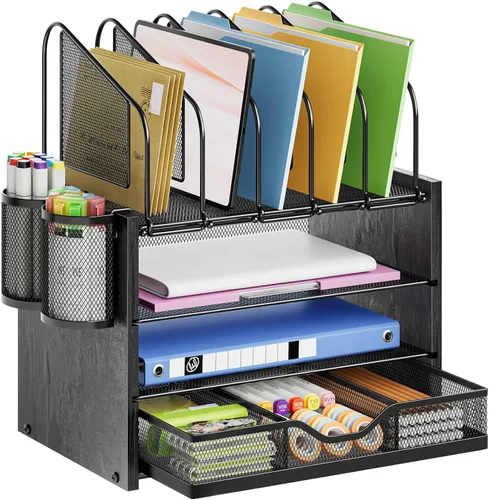Miniatura 14 de Marbrasse Organizador de escritorio con cajón, organizador de archivos de malla de 4 niveles con 5 soportes verticales para archivos y 2 soportes