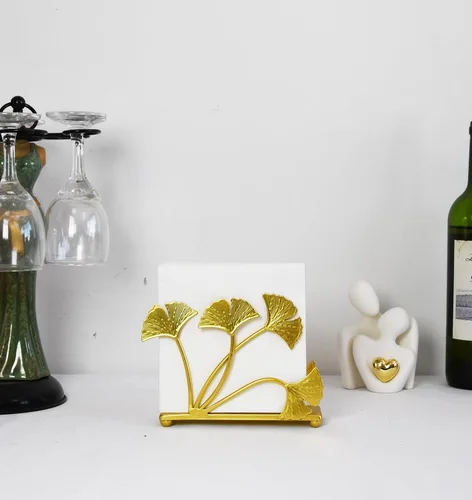 Miniatura 2 de Owlgift Servilletero moderno de hoja de ginkgo dorado pintado – Servilletero de papel decorativo de hierro de primera calidad de 6.7 pulgadas