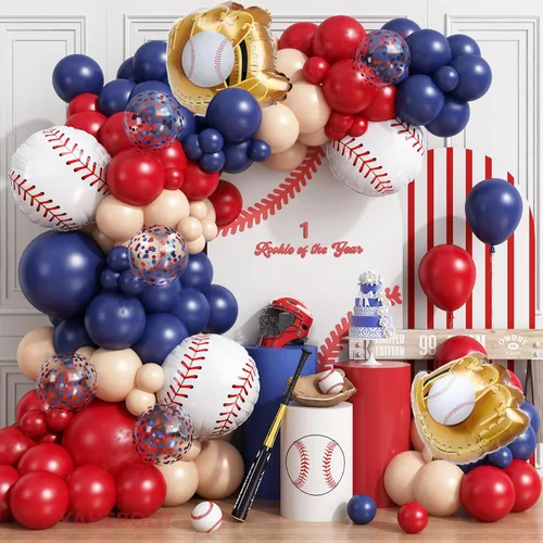Kit de Guirnalda de Arco de Globos de Béisbol, 166 Piezas Globos Azul Marino Rojo Nude y Confeti con Globos de Papel de Aluminio de Béisbol para