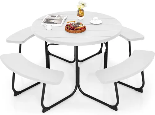 Miniatura 14 de Giantex Juego de mesa de picnic para 8 personas, mesa y banco al aire libre con agujero para paraguas, parte superior de polietileno de alta Verde