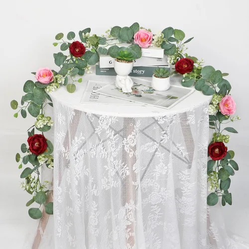 Miniatura 31 de TOCHGREEN Paquete de 2 Guirnaldas de Flores de Eucalipto Artificial de 12 Pies con Rosas Champán, Guirnalda de Flores de Rosa Falsa Verdor