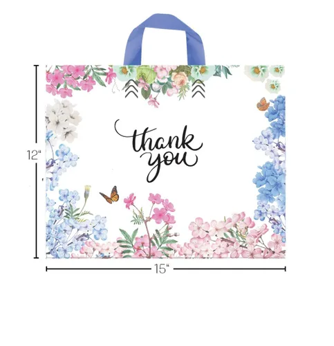 Miniatura 3 de Purple Q Crafts Bolsas de agradecimiento con asa de bucle suave para negocios minoristas, paquete de 50 bolsas de plástico floral de 15 pulgadas