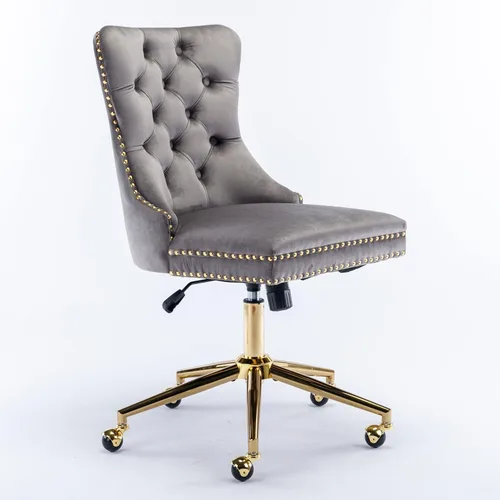 Miniatura 25 de Silla de oficina en casa de terciopelo con base de metal dorado y ribete de cabeza de clavo, moderna silla de trabajo tapizada giratoria tapizada