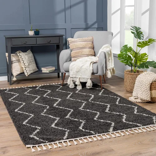 Miniatura 29 de Hauteloom, Duncans - Alfombra de estilo granja de pelo mullido para sala y dormitorio, con borlas - Beige, carbón, gris - 2 pies 7 pulgadas x 7 pies