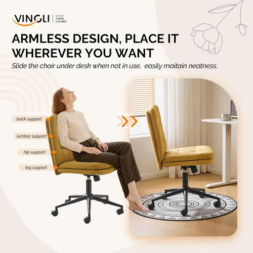 Miniatura 7 de VINGLI Silla de escritorio de oficina sin brazos con ruedas y sin ruedas, silla giratoria de 360° con cojín grueso, altura ajustable para sala