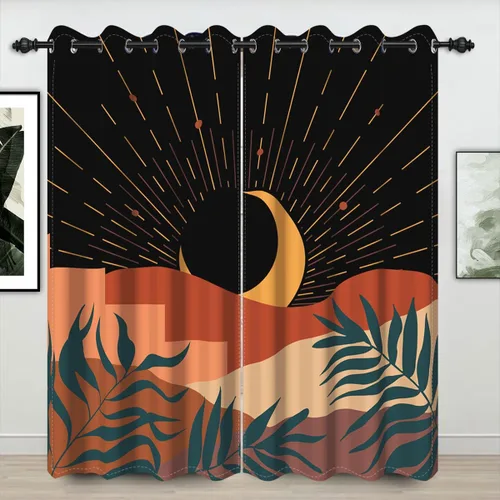 Miniatura 9 de Cortinas abstractas bohemias para ventana, estética de mediados de siglo, hojas de luna de montaña, para oscurecer la habitación, cortina con ojales