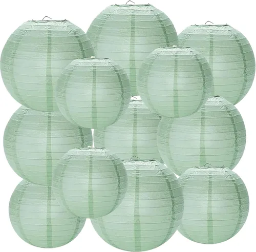 Faroles de papel verde salvia polvoriento, 12 linternas de papel redondas colgantes decorativas para graduación, baby shower, boda, cumpleaños,