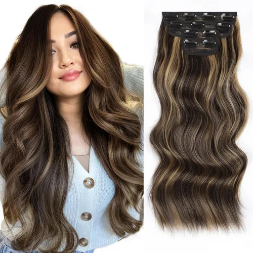 Miniatura 10 de Extensiones de cabello con clip de Vigorous de 20 pulgadas, con reflejos rubio playa, extensiones de cabello ondulado largo y suave de cabello