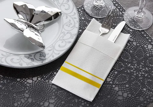 Miniatura 3 de Servilletas desechables de cena de tela con bolsillo incorporado para cubiertos, servilletas de boda de lino de aspecto blanco y dorado, preplegadas