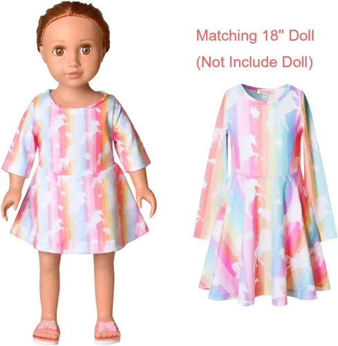 Miniatura 3 de Qpancy Vestidos a juego para muñecas y niñas, trajes de unicornio de manga larga, ropa de algodón
