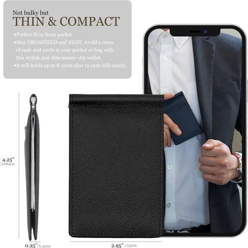 Miniatura 6 de Billetera plegable súper delgada, de piel auténtica, minimalista, con bolsillo frontal, para hombre, con clip para dinero, bloqueo RFID, Negro