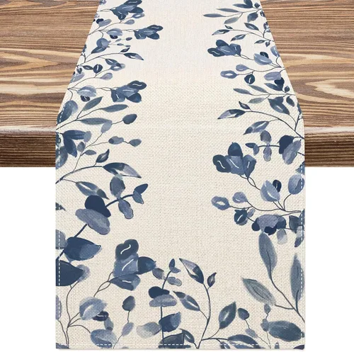 AnyDesign Camino de mesa azul y blanco de 13 x 71.2 pulgadas, hojas de plantas azules, cubierta de mesa de acuarela, cocina, comedor, decoración