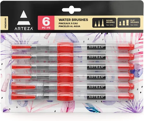 Arteza Juego de 6 bolígrafos de pincel de agua, con varios tamaños de punta de cerdas de nailon suave, bolígrafos de pintura de color de agua