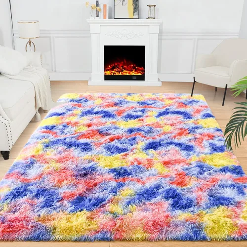 Miniatura 29 de Noahas - Alfombra suave y afelpada para habitación de niña y sala de estar, colorida, decoración para guardería, teñido anudado arcoíris, azul