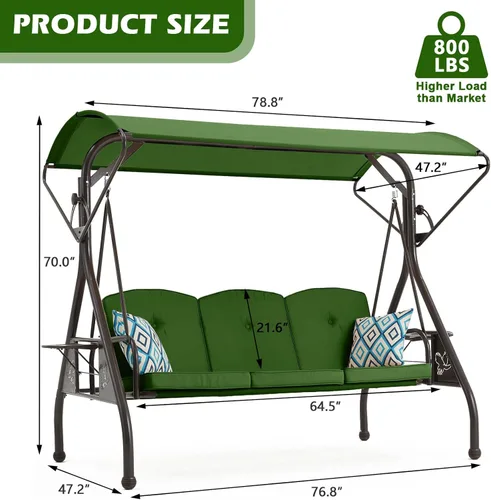 Miniatura 7 de ZZW 800LBS - Columpio de patio con toldo, 3 asientos, columpio para porche al aire libre con soporte, portavasos y almohada, silla columpio