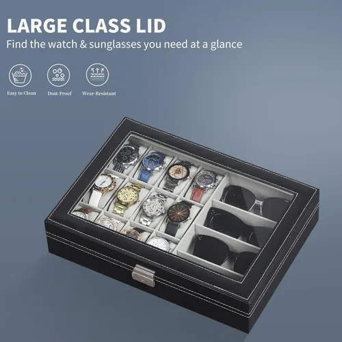 Miniatura 20 de AUTOARK AW-004 - Caja de cuero para 6 relojes y 3 lentes y gafas de sol con organizador de joyas, cajas de almacenamiento para hombre y mujer, tapa