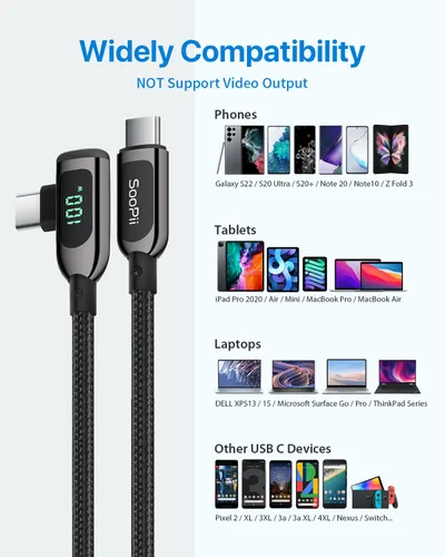 Miniatura 8 de SOOPII 100W Cable USB C a USB C de Ángulo Recto, Cable de Aleación de Zinc de 1 Pie de Tipo-C Trenzado de Nylon con Pantalla LED para iPad