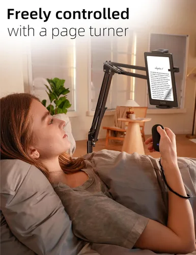 Miniatura 2 de VOLTIFYMAX Soporte de Piso para Kindle con Pasador de Páginas Remoto para Leer en la Cama, Soporte para Tableta con Clicker, Accesorios Kindle