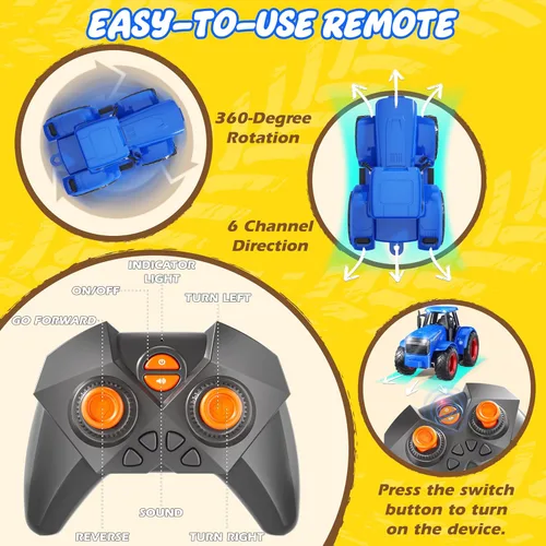 Miniatura 2 de Funwee Juego de Juguete de Tractor RC con Luz y Sonido, Coche de Granja para Niños con Remolque de Animales, Ruedas, Camión a Control Remoto, Azul