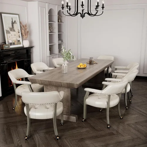 Miniatura 8 de SY1318WT - Silla de comedor con ruedas y brazos, silla de capitán de madera maciza, silla giratoria de escritorio de oficina, tapizada, 31.5 Pierna