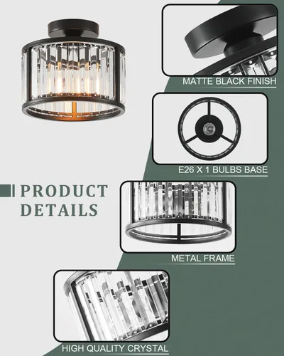 Miniatura 3 de Lámpara de techo negra empotrada, lámpara de cristal enjaulada de 2 luces, lámpara de pasillo de tambor pequeño, montaje de techo