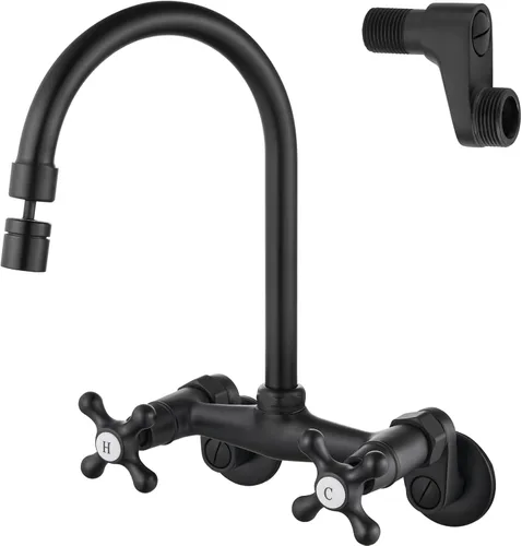 Miniatura 10 de Airuida Grifo de cocina de montaje en pared con rociador, grifo de fregadero de cocina montado en la pared, manijas dobles cruzadas, boquilla