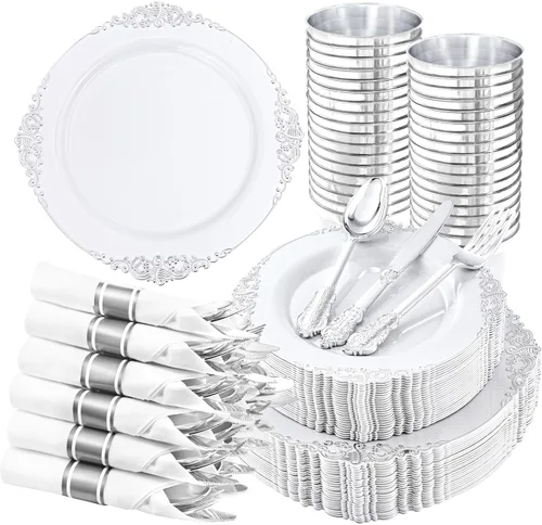 Miniatura 13 de Hioasis 175 platos de plástico verde transparente, elegante juego de vajilla desechable adecuado para 25 invitados, incluye platos de cena de 10.25
