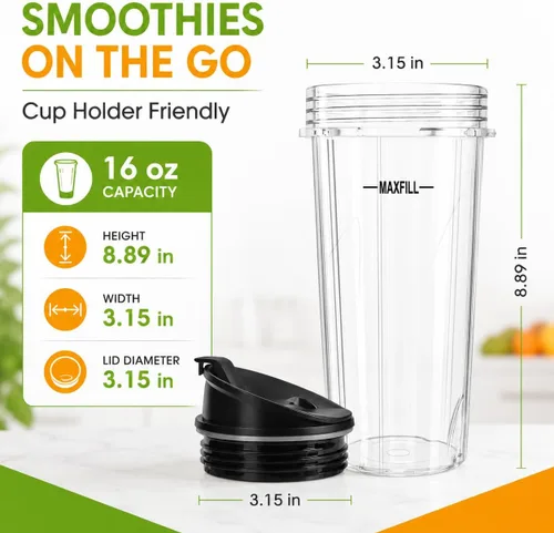 Miniatura 5 de Vasos de repuesto de 16oz para licuadora Ninja - Paquete de 3 vasos de licuadora Ninja con tapas, compatibles con Ninja QB3001SS, BL770, BL780