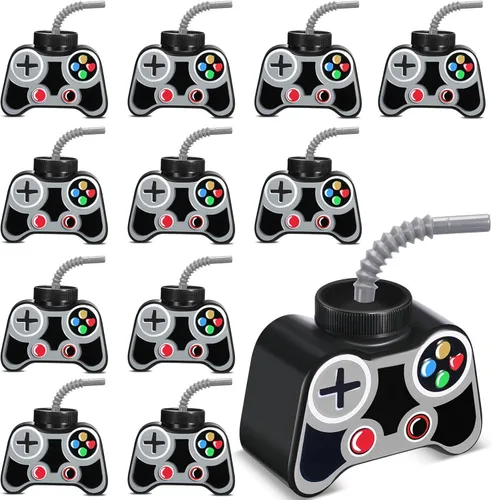 Mifoci Vasos de plástico para fiestas de videojuegos, 12 unidades, con popote y tapa, 10 onzas, tazas temáticas de cumpleaños para jugadores, Gris