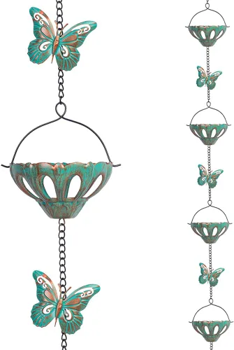 Cadenas de lluvia de 12 pies para exteriores, cadena de lluvia de metal con decoración de mariposa, cadena recolectora de lluvia ajustable con Verde
