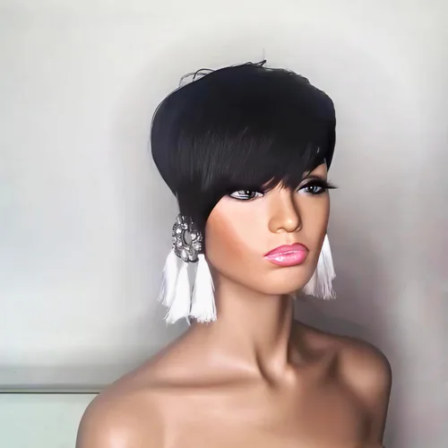 Miniatura 5 de PangDongLai Pelucas de cabello humano con corte Pixie para mujeres negras, pelucas de corte Pixie en capas con flequillo, sin pegamento, cabello