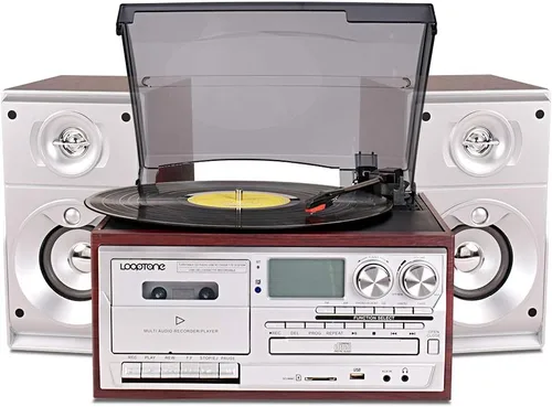 LoopTone Reproductor de discos de vinilo con altavoces externos duales de 15 W, 9 en 1, 3 velocidades, Bluetooth, tocadiscos vintage, reproductor de