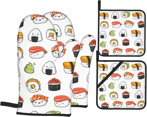 Miniatura 9 de Juego de 4 manoplas de horno y soportes para ollas con estampado de tacos Kawaii, guantes resistentes al calor para cocina, hornear, asar a la Lindo