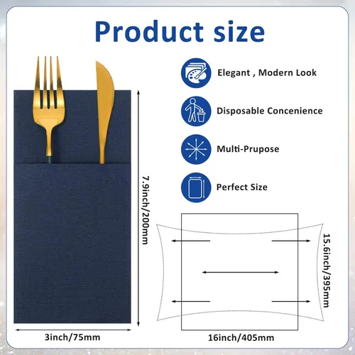 Miniatura 2 de Cindeer 150 piezas de servilletas de cena azul marino con sensación de lino, bolsillo plano incorporado, preplegadas, servilletas de papel 2-Azul