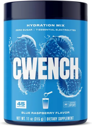 CWENCH HYDRATION Mezcla de electrolitos de frambuesa azul, 11 onzas, polvo de electrolitos sin azúcar con sal marina celta, vitaminas B y BCAA,