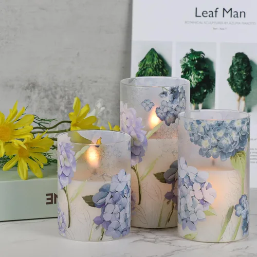 Miniatura 7 de Velas de Cristal de Hortensias Sin Llama con Temporizador Remoto Operadas con Batería Velas LED Parpadeantes de Pilar de Cera Real Decoración