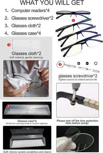Miniatura 6 de MARE AZZURO Paquete de 4 lentes de lectura con bloqueo de luz azul para hombres y mujeres, ligeros para lectura de computadora 1.0 1.25 1.5 1.75 2.0