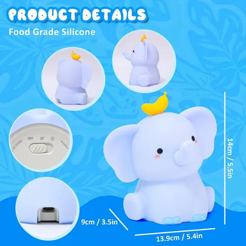 Miniatura 6 de Ammonite Luz nocturna de elefante azul, lámpara de bebé de elefante de silicona suave con 2 niveles de atenuación y temporizador de 20 minutos, luz