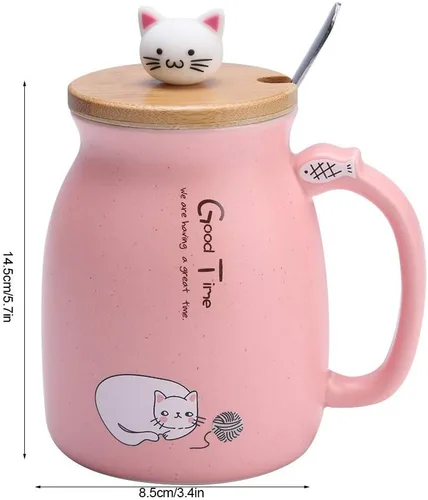 Miniatura 3 de TOPINCN Taza de cerámica con diseño de gato lindo con cuchara y tapa de madera, taza de té y agua para leche para oficina en casa (12.8 fl oz)