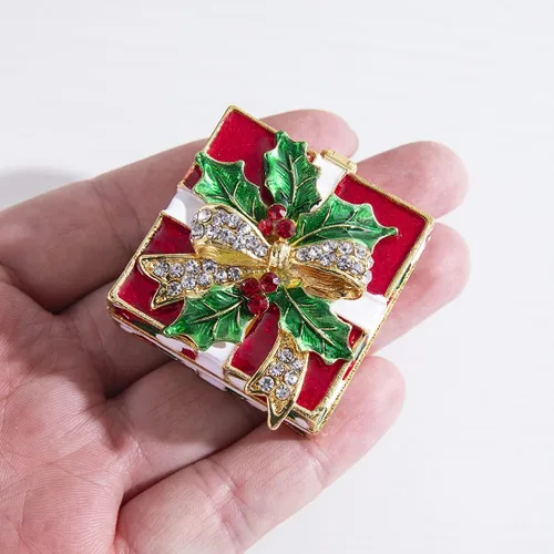 Miniatura 5 de YU FENG Caja de baratija de Navidad con lazo y hojas verdes, decoración de diamantes de imitación esmaltados pintados esmaltados con bisagras
