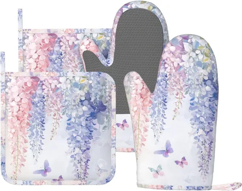 Miniatura 48 de Manoplas de horno y agarradores de ollas de mármol blanco y oro de silicona, accesorios de cocina de 4 piezas, guantes largos resistentes al calor