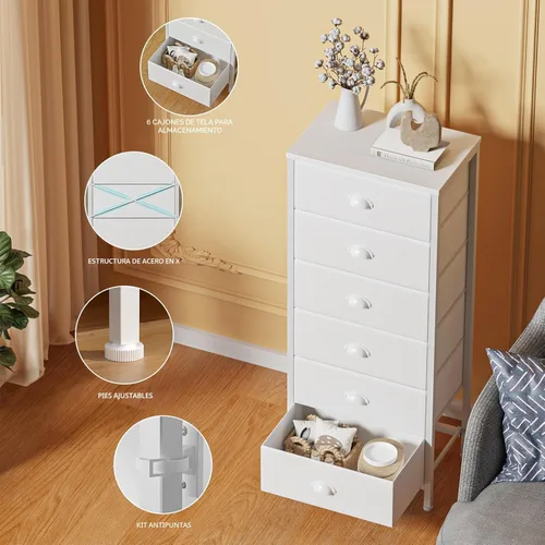 Miniatura 5 de Furnulem - Cómoda alta blanca para dormitorio, unidad de almacenamiento vertical y mesa auxiliar con 6 cajones de tela, mueble de mesita de noche