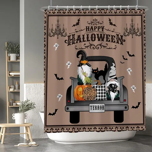 Miniatura 34 de Cortina de ducha de fantasma y gato negro para niños, 36 x 72 pulgadas, espeluznante y bonita, cortina de baño de Halloween con 6 ganchos, cortina