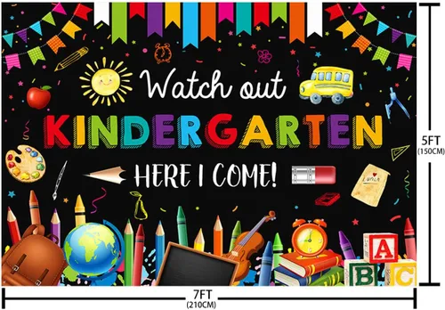 Miniatura 5 de AIBIIN Fondo de 7 x 5 pies para jardín de infantes para el regreso a la escuela, con texto en inglés "Watch Out Kindergarten Here I Come", Negro
