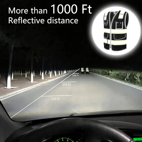 Miniatura 5 de Chaleco de seguridad negro reflectante de alta visibilidad de malla para hombres y mujeres, con 9 bolsillos y cremallera, chaleco de construcción